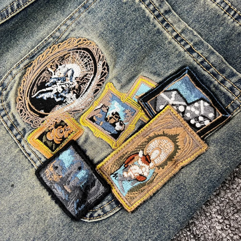 Real Photos Derschutze Jeans High Quality Pattern Embroidery Denim Trousers Retro Grey Street Men Women Pants