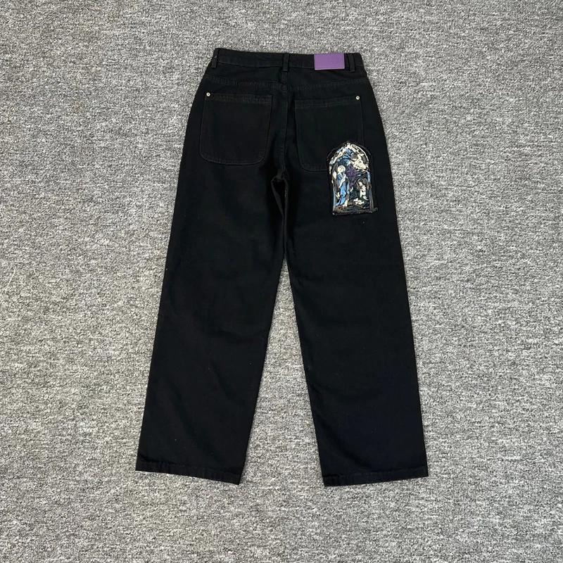 Real Photos Derschutze Jeans High Quality Pattern Embroidery Denim Trousers Retro Grey Street Men Women Pants