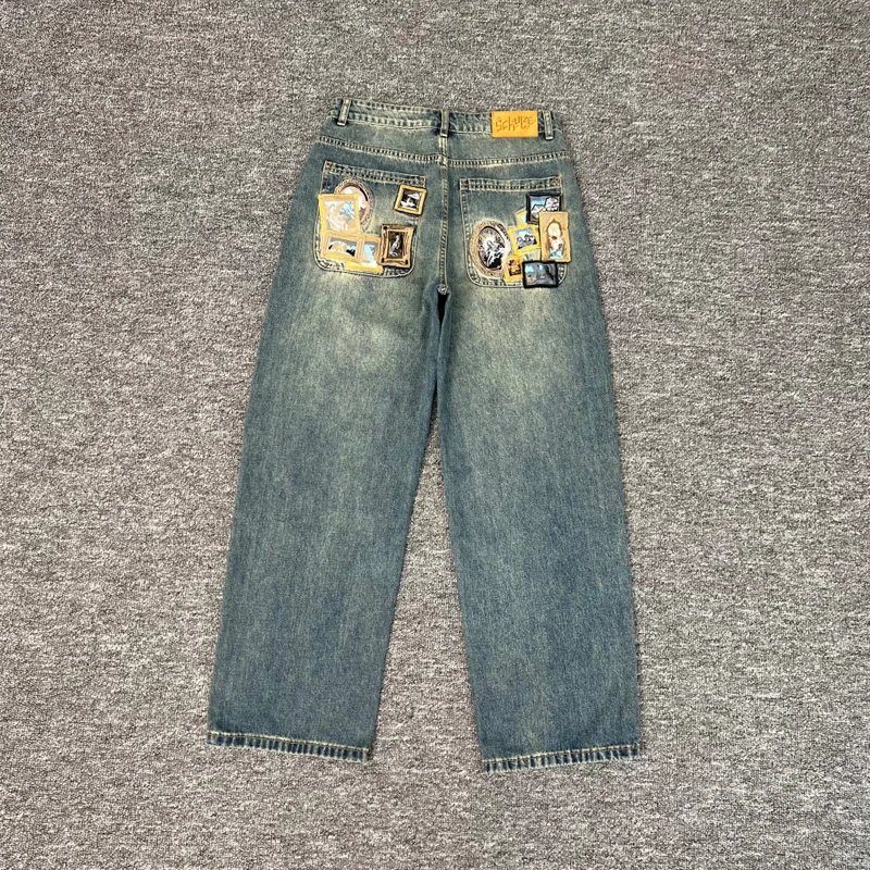 Real Photos Derschutze Jeans High Quality Pattern Embroidery Denim Trousers Retro Grey Street Men Women Pants