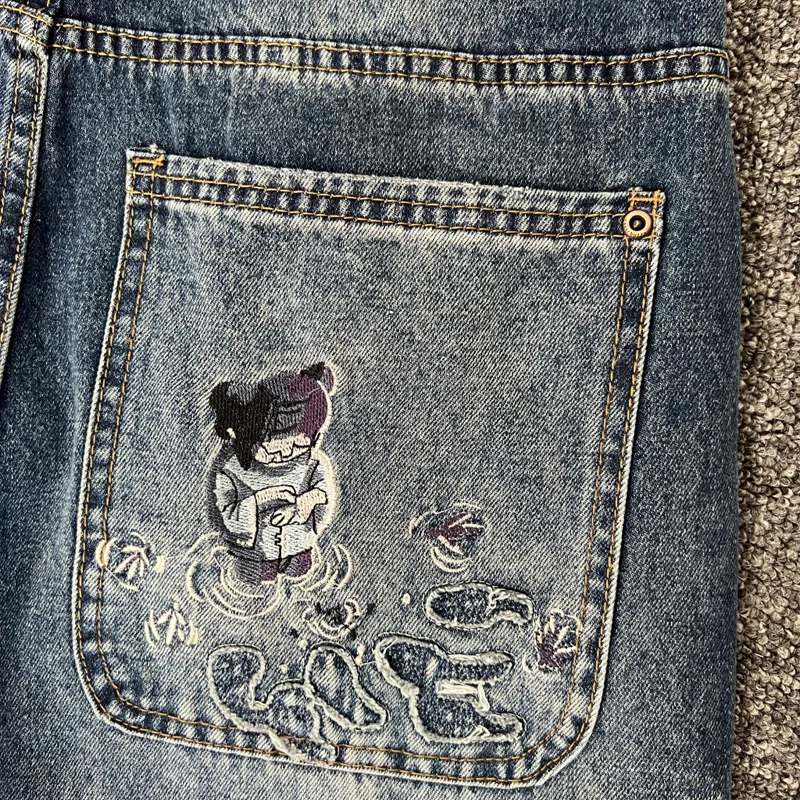 Real Photos Derschutze Jeans High Quality Pattern Embroidery Denim Trousers Retro Grey Street Men Women Pants