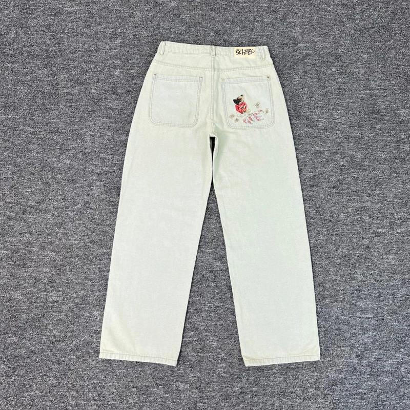 Real Photos Derschutze Jeans High Quality Pattern Embroidery Denim Trousers Retro Grey Street Men Women Pants