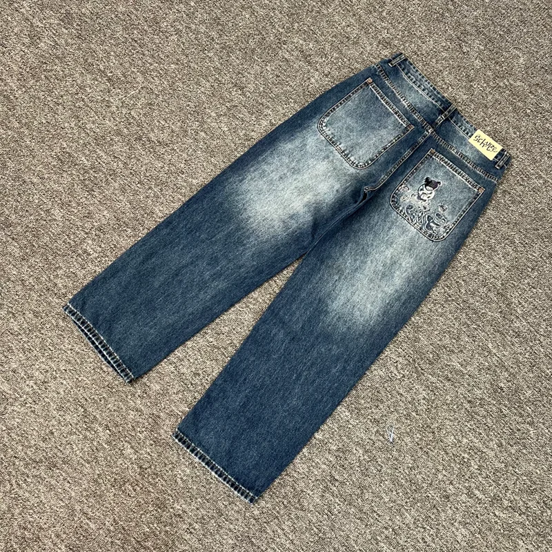 Real Photos Derschutze Jeans High Quality Pattern Embroidery Denim Trousers Retro Grey Street Men Women Pants