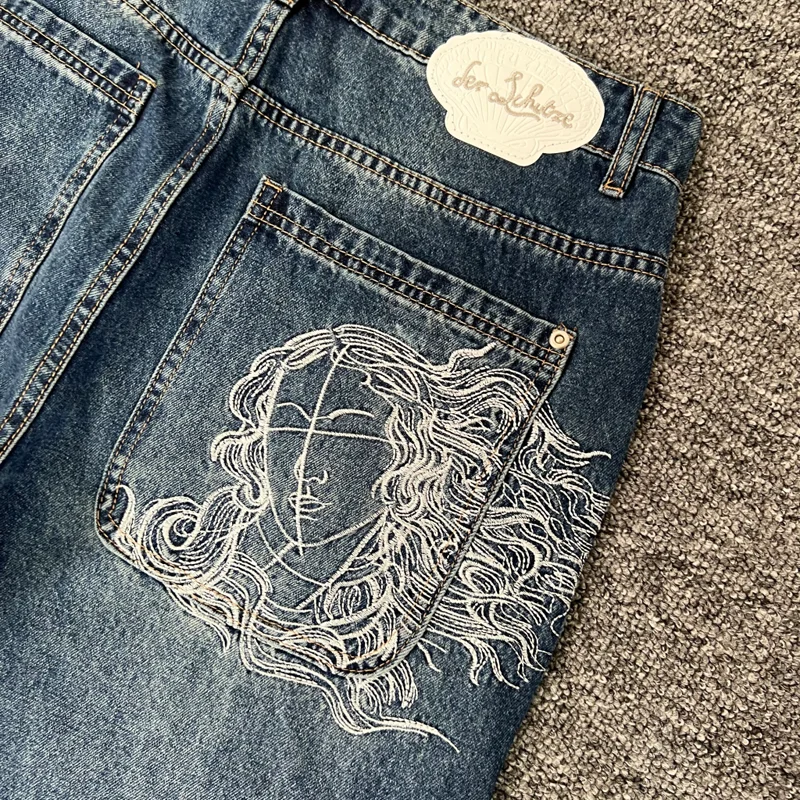 Real Photos Derschutze Jeans High Quality Pattern Embroidery Denim Trousers Retro Grey Street Men Women Pants