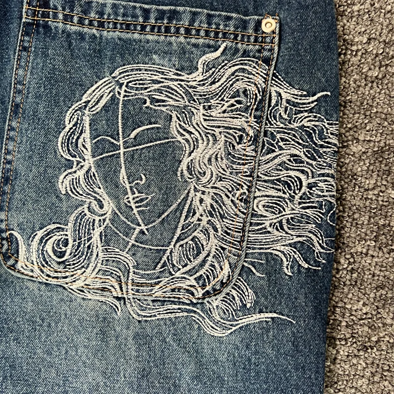 Real Photos Derschutze Jeans High Quality Pattern Embroidery Denim Trousers Retro Grey Street Men Women Pants