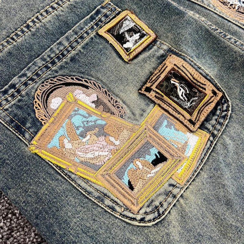 Real Photos Derschutze Jeans High Quality Pattern Embroidery Denim Trousers Retro Grey Street Men Women Pants