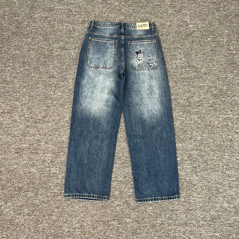 Real Photos Derschutze Jeans High Quality Pattern Embroidery Denim Trousers Retro Grey Street Men Women Pants