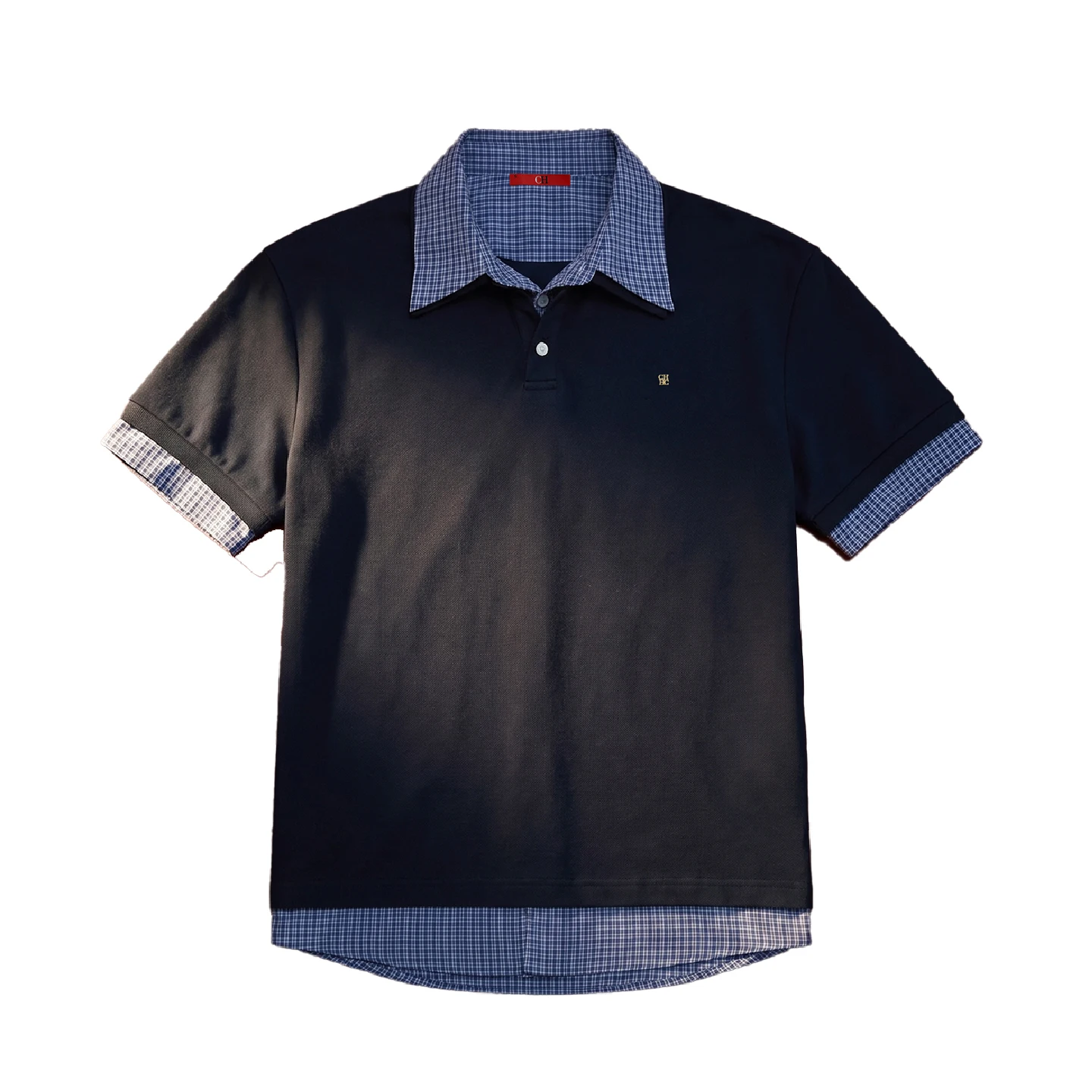 CH Metal Logo Short Sleeve Polo Shirt Men Plaid Patchwork Fake Two Piece Straight Fit Casual Daily Office Tops