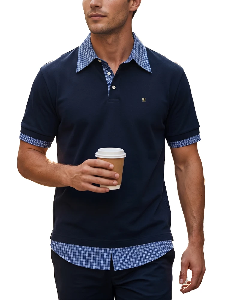 CH Metal Logo Short Sleeve Polo Shirt Men Plaid Patchwork Fake Two Piece Straight Fit Casual Daily Office Tops