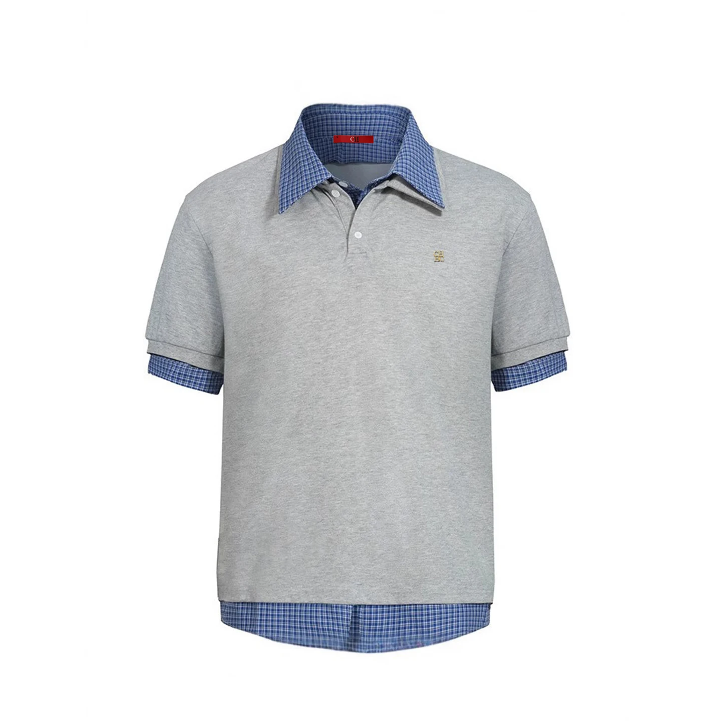 CH Metal Logo Short Sleeve Polo Shirt Men Plaid Patchwork Fake Two Piece Straight Fit Casual Daily Office Tops