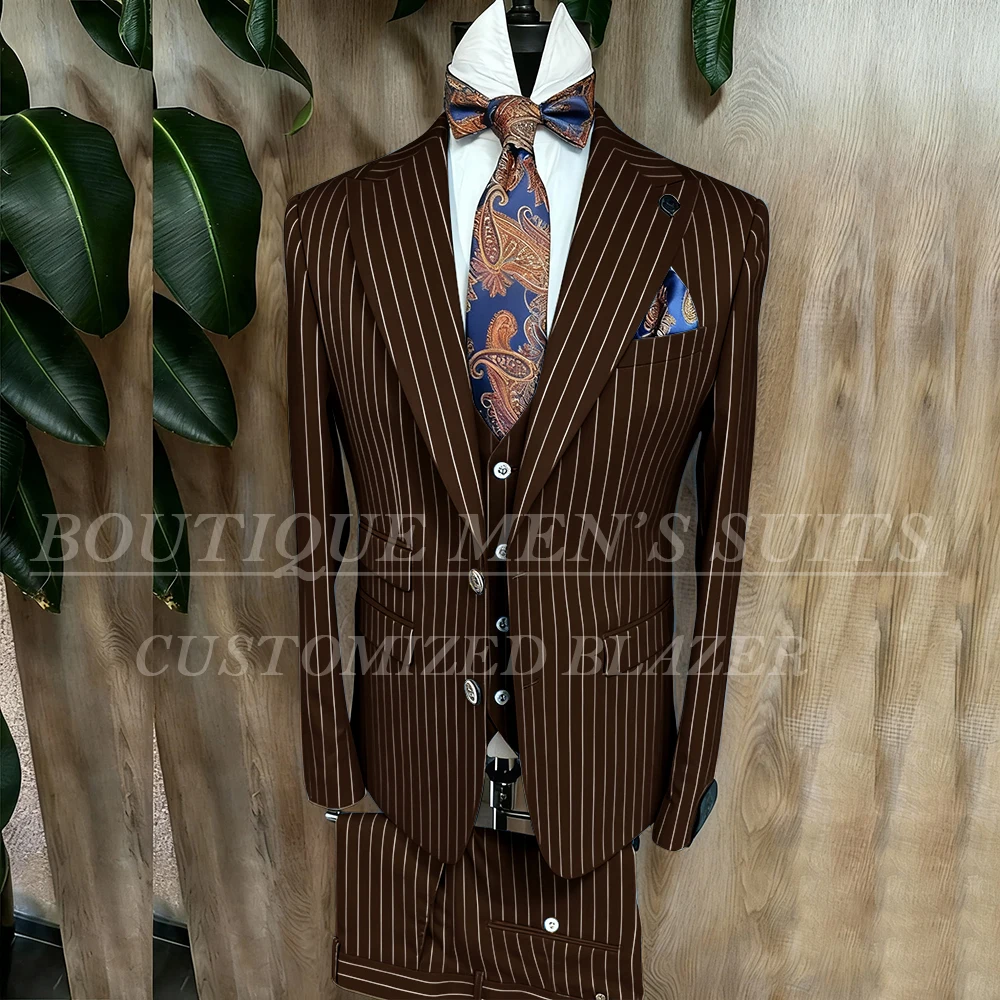 Fashion Yellow Stripe Men Suits Blazer Luxury Wedding Groom Outfits Customized 3 Piece Jacket Pants Vest Full Sets Terno 2026