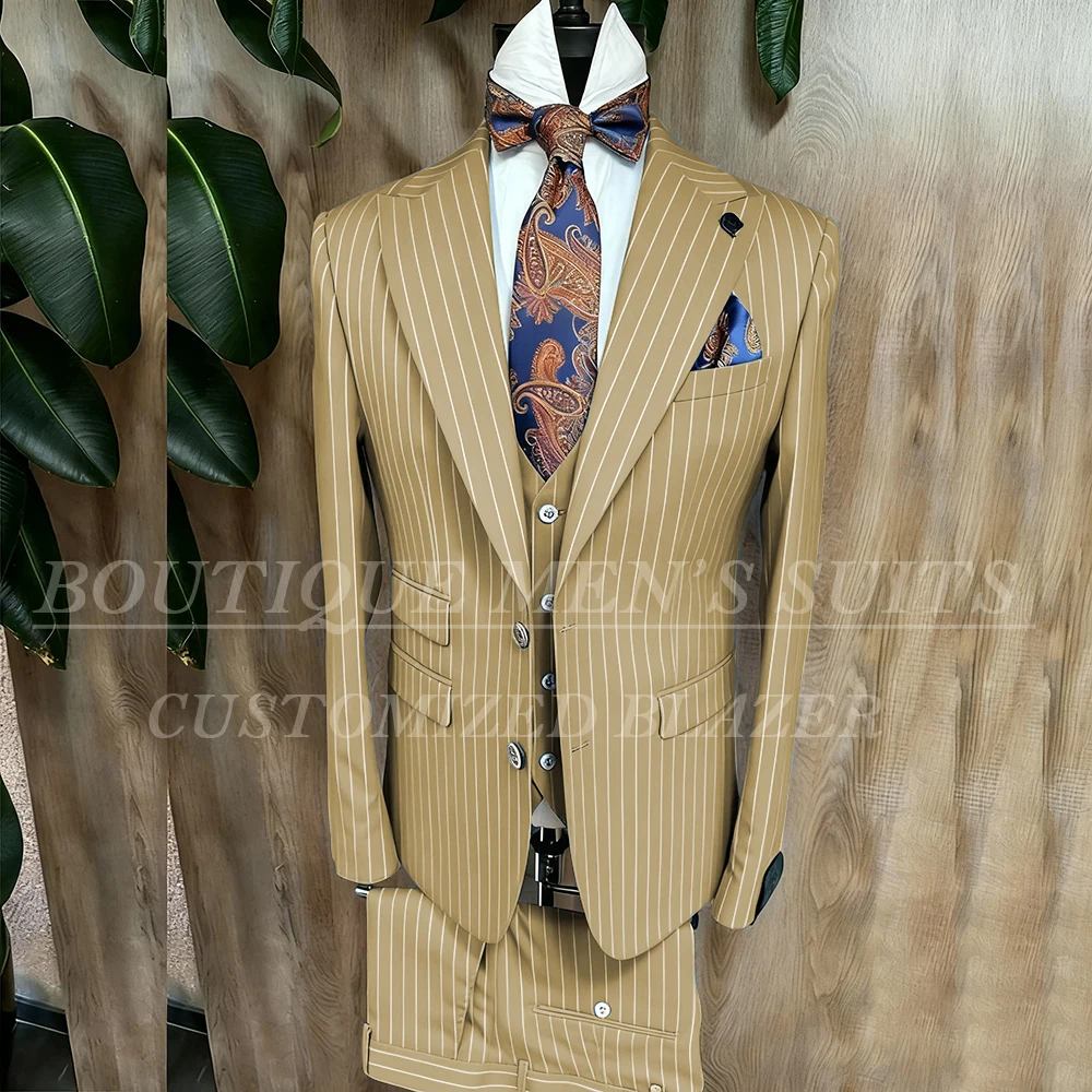 Fashion Yellow Stripe Men Suits Blazer Luxury Wedding Groom Outfits Customized 3 Piece Jacket Pants Vest Full Sets Terno 2026