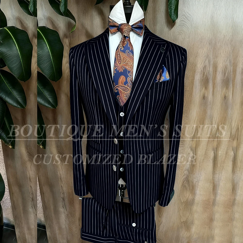 Fashion Yellow Stripe Men Suits Blazer Luxury Wedding Groom Outfits Customized 3 Piece Jacket Pants Vest Full Sets Terno 2026
