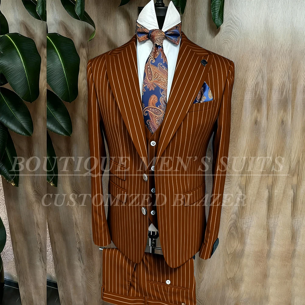 Fashion Yellow Stripe Men Suits Blazer Luxury Wedding Groom Outfits Customized 3 Piece Jacket Pants Vest Full Sets Terno 2026