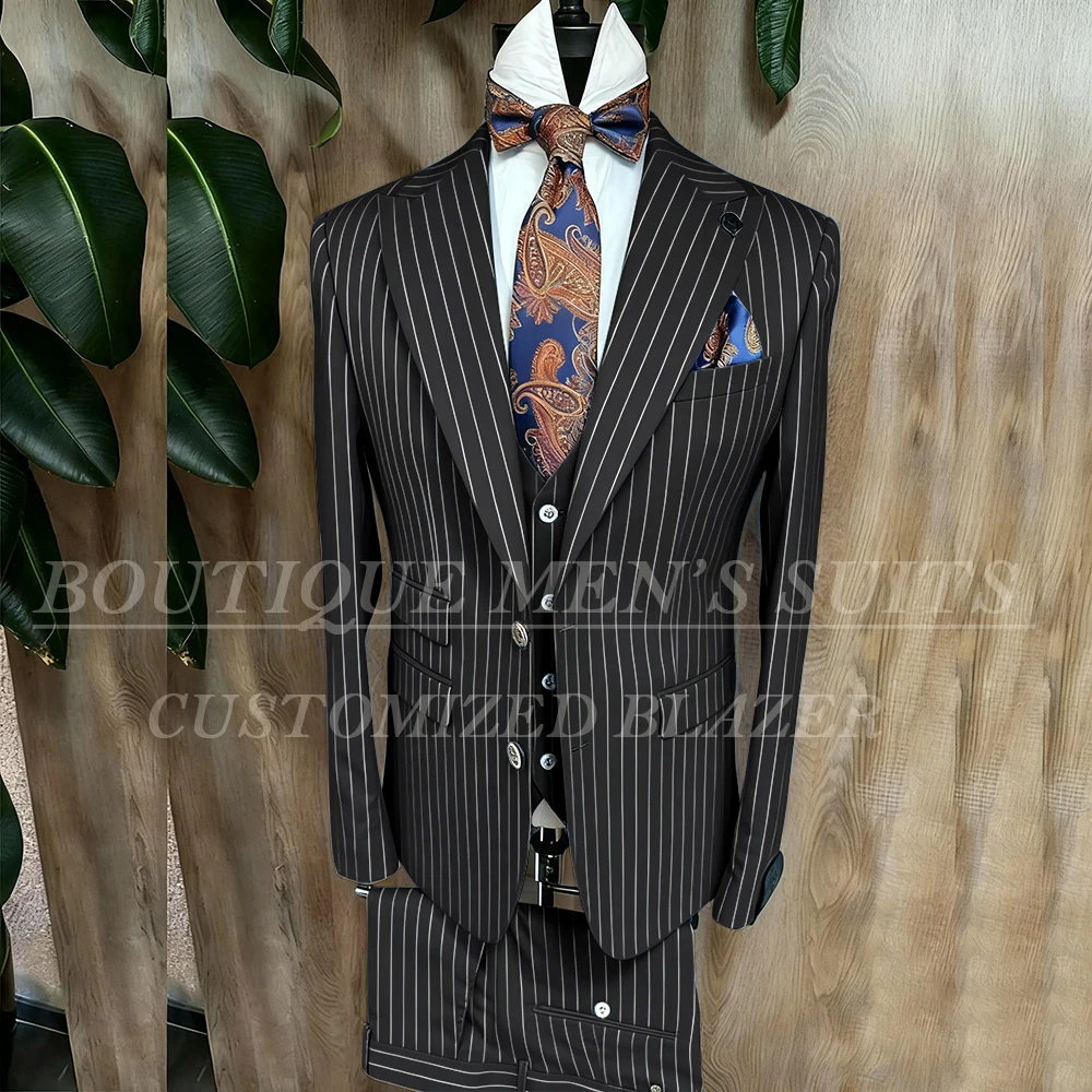 Fashion Yellow Stripe Men Suits Blazer Luxury Wedding Groom Outfits Customized 3 Piece Jacket Pants Vest Full Sets Terno 2026