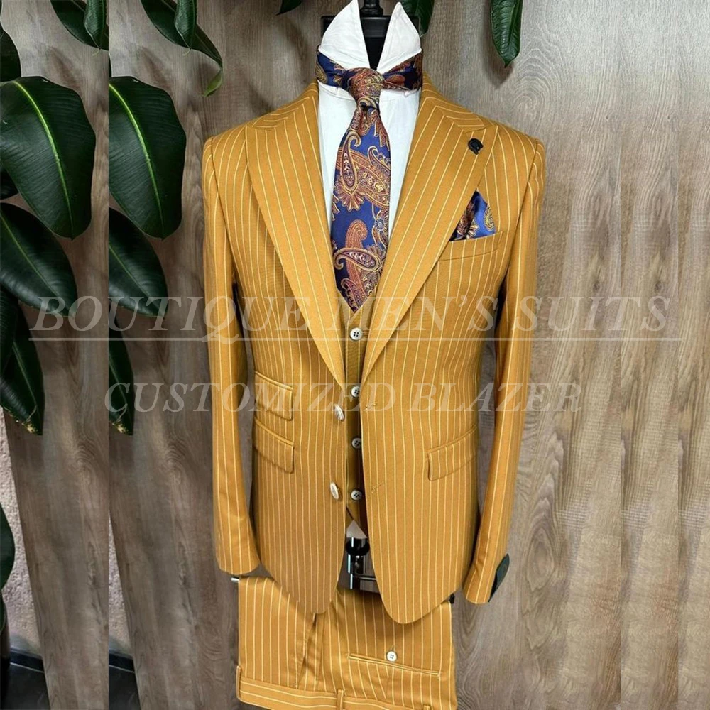 Fashion Yellow Stripe Men Suits Blazer Luxury Wedding Groom Outfits Customized 3 Piece Jacket Pants Vest Full Sets Terno 2026