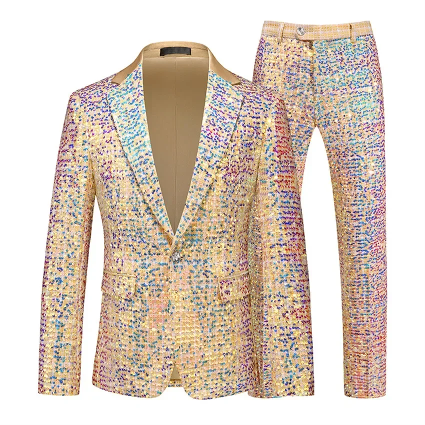 2024 Gold Sequined Mens Suit Two Piece,Wedding Party Dress Jacket and Trousers,Asian Size Mens Stage Performance Sets, 2024 New