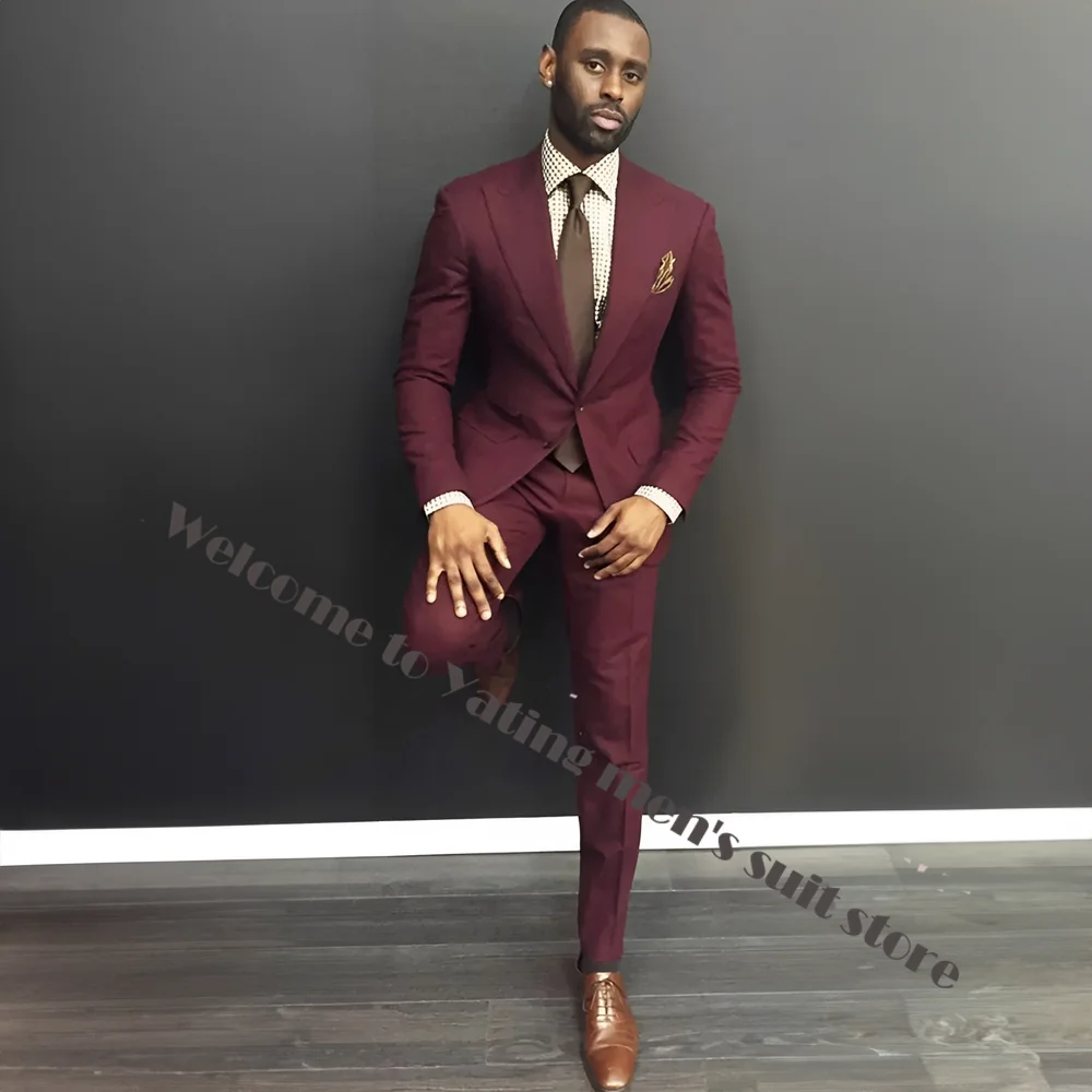 Classy Burgundy Wedding Mens Suits Slim Fit Bridegroom Tuxedos For Men Two Pieces Groomsmen Suit Formal Business Jackets