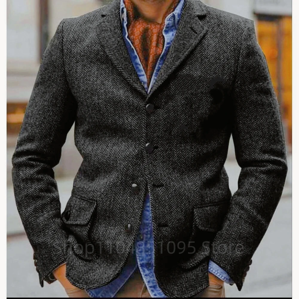 (Only Coat)Brown Herringbone Men's Suit Blazer Prom Tuxedos Wool Tweed Single Breasted Two Buttons Bussiness/Wedding Jacket Tops