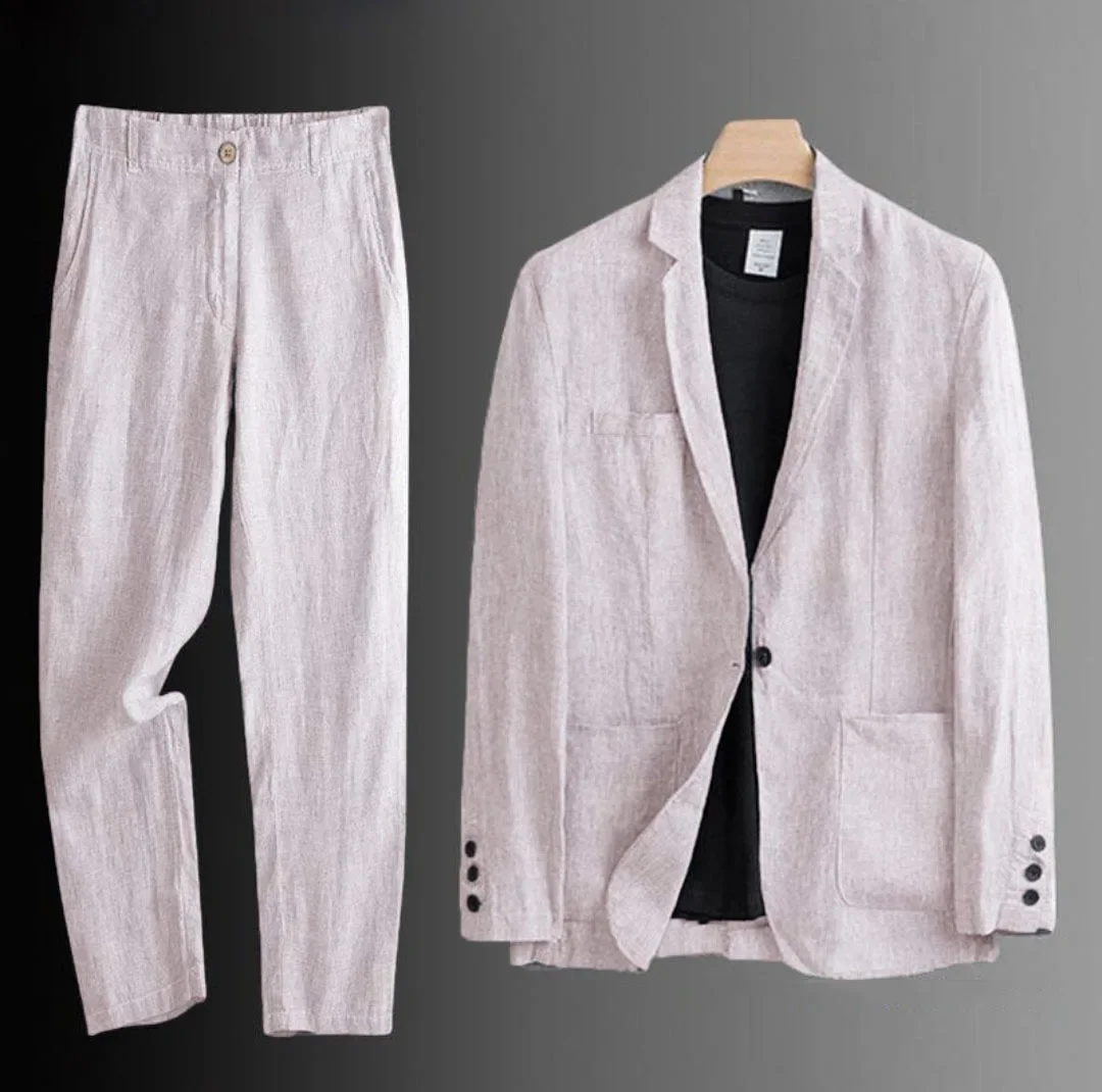Cotton Linen Men's 2‑Piece Suit Lightweight Slim Fit Breathable Casual Suit Set for Office Wedding Sun Protection