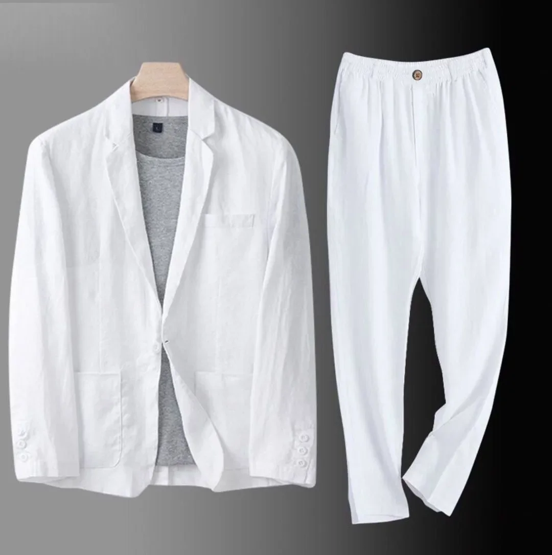 Cotton Linen Men's 2‑Piece Suit Lightweight Slim Fit Breathable Casual Suit Set for Office Wedding Sun Protection