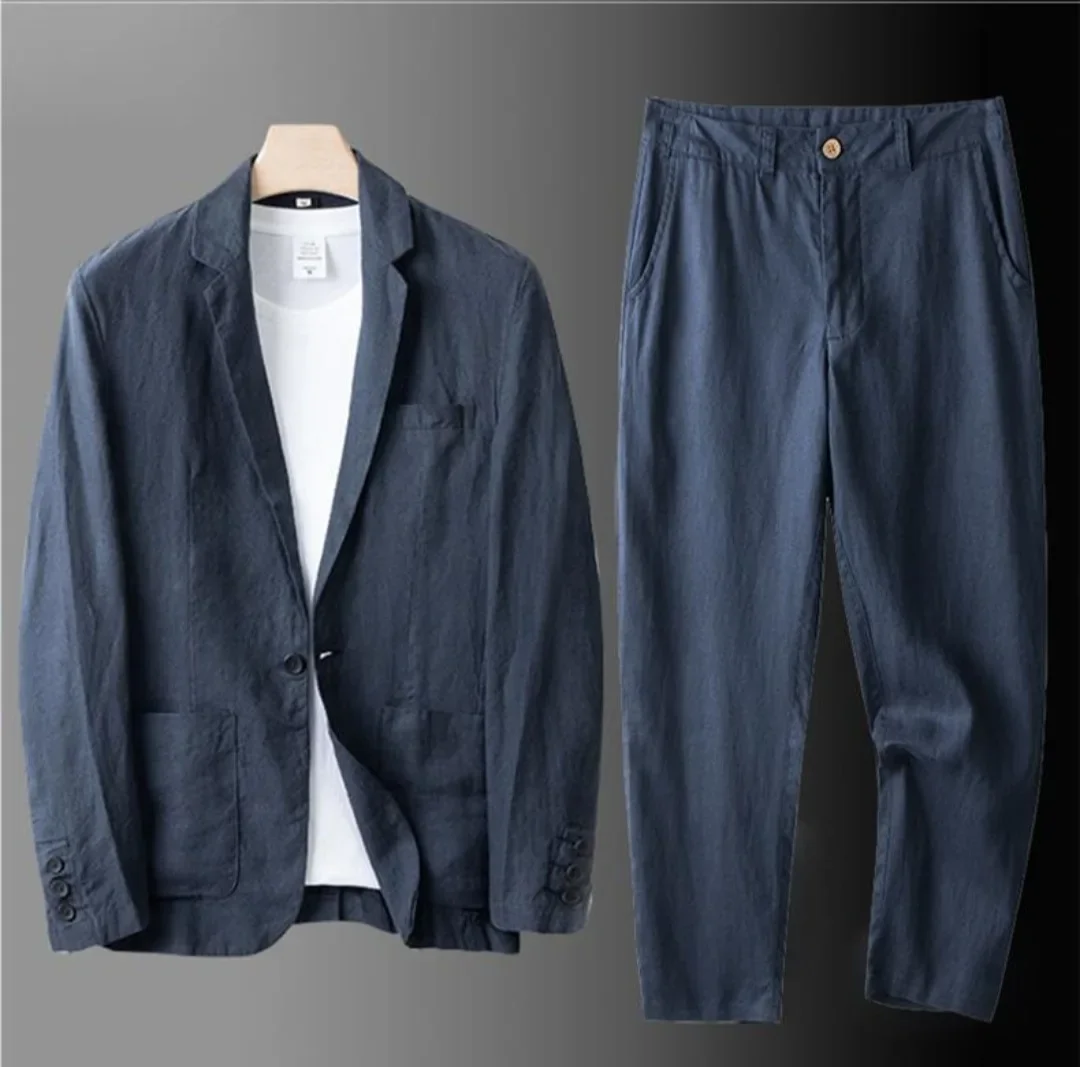 Cotton Linen Men's 2‑Piece Suit Lightweight Slim Fit Breathable Casual Suit Set for Office Wedding Sun Protection