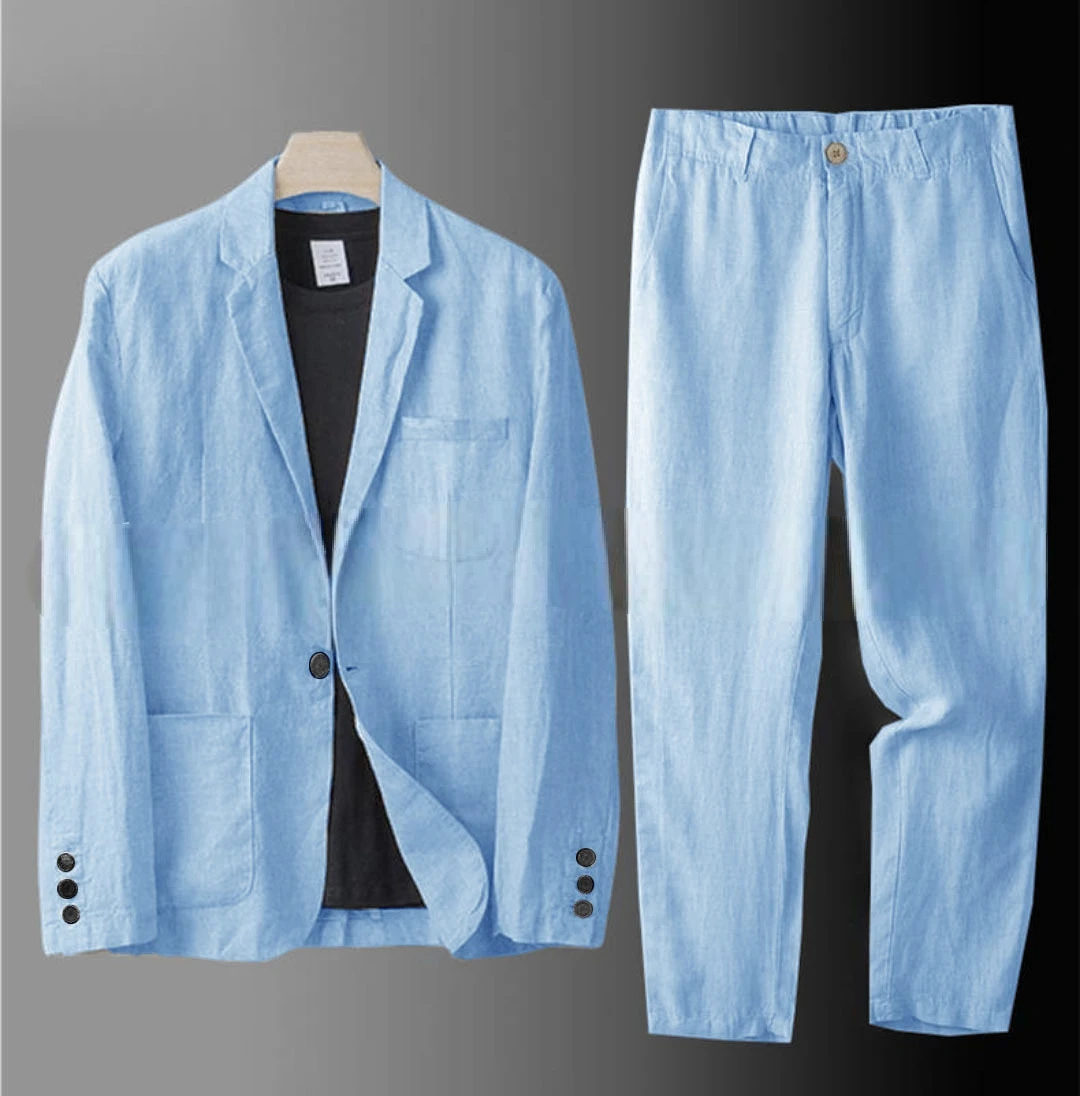 Cotton Linen Men's 2‑Piece Suit Lightweight Slim Fit Breathable Casual Suit Set for Office Wedding Sun Protection