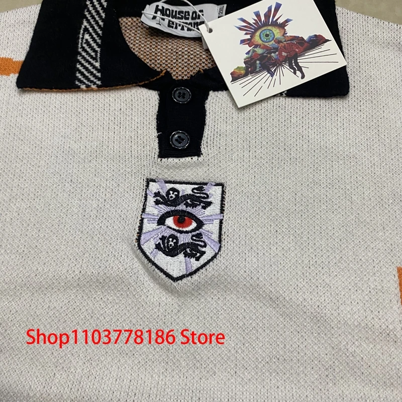 Streetwear Brand House of Errors Sweater Loose Casual Eye Jacquard Lapel Long Sleeve Men Women Knitwear Pullover