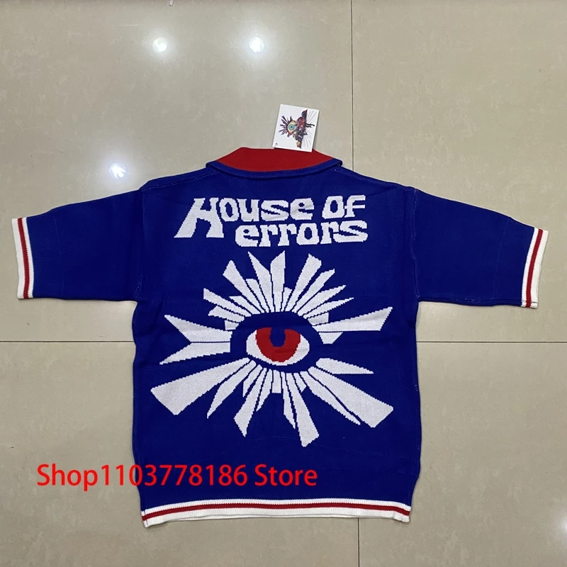 Streetwear Brand House of Errors Sweater Loose Casual Eye Jacquard Lapel Long Sleeve Men Women Knitwear Pullover