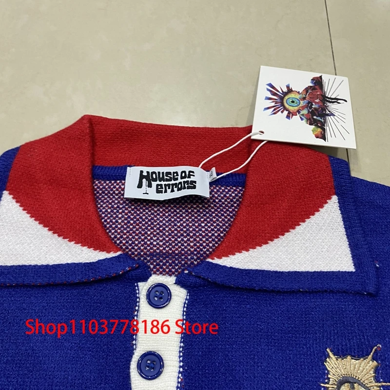 Streetwear Brand House of Errors Sweater Loose Casual Eye Jacquard Lapel Long Sleeve Men Women Knitwear Pullover