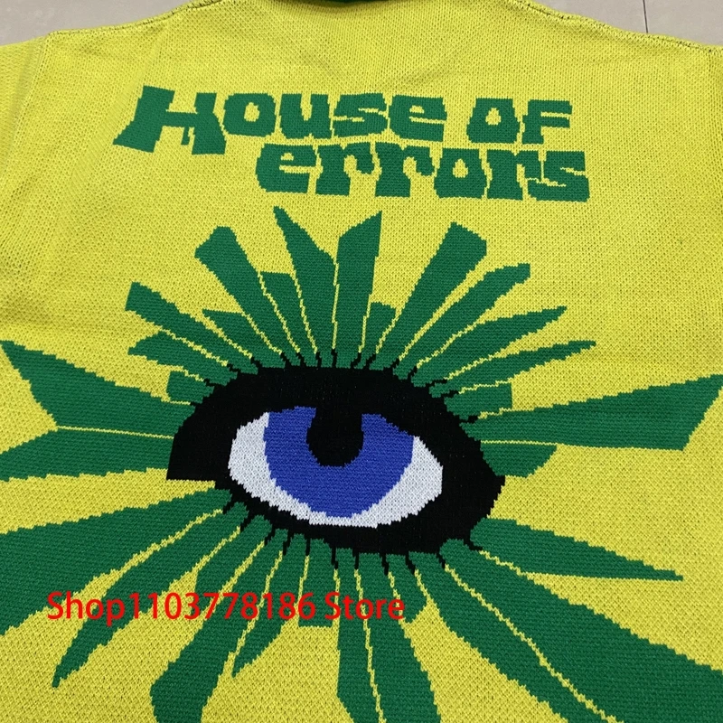 Streetwear Brand House of Errors Sweater Loose Casual Eye Jacquard Lapel Long Sleeve Men Women Knitwear Pullover