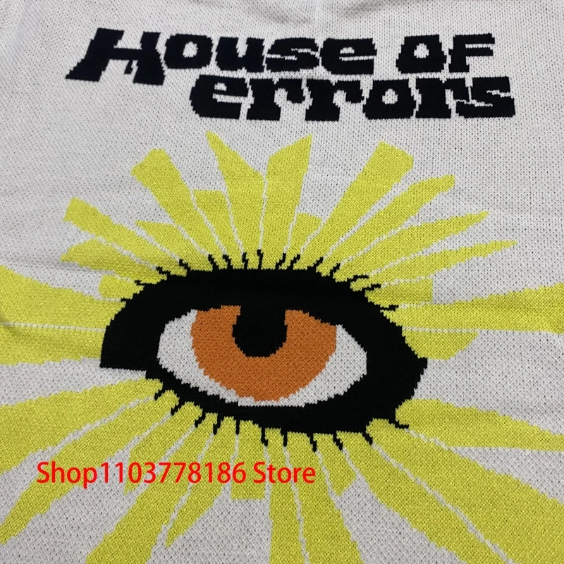 Streetwear Brand House of Errors Sweater Loose Casual Eye Jacquard Lapel Long Sleeve Men Women Knitwear Pullover