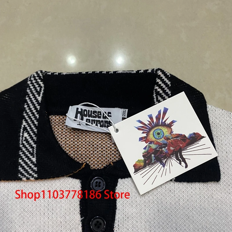 Streetwear Brand House of Errors Sweater Loose Casual Eye Jacquard Lapel Long Sleeve Men Women Knitwear Pullover
