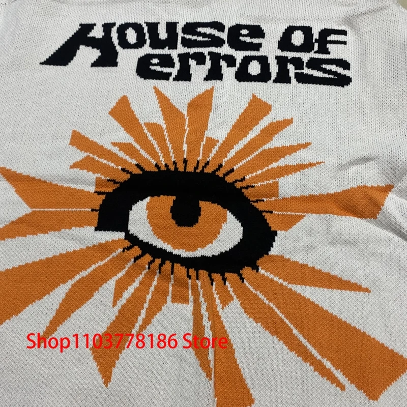 Streetwear Brand House of Errors Sweater Loose Casual Eye Jacquard Lapel Long Sleeve Men Women Knitwear Pullover