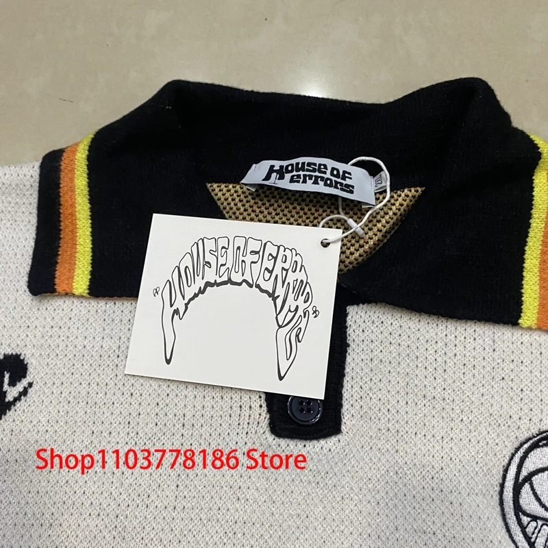 Streetwear Brand House of Errors Sweater Loose Casual Eye Jacquard Lapel Long Sleeve Men Women Knitwear Pullover