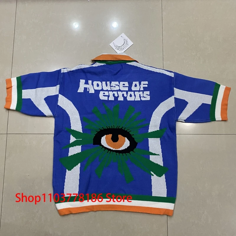 Streetwear Brand House of Errors Sweater Loose Casual Eye Jacquard Lapel Long Sleeve Men Women Knitwear Pullover
