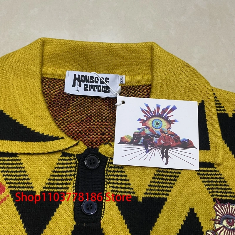 Streetwear Brand House of Errors Sweater Loose Casual Eye Jacquard Lapel Long Sleeve Men Women Knitwear Pullover