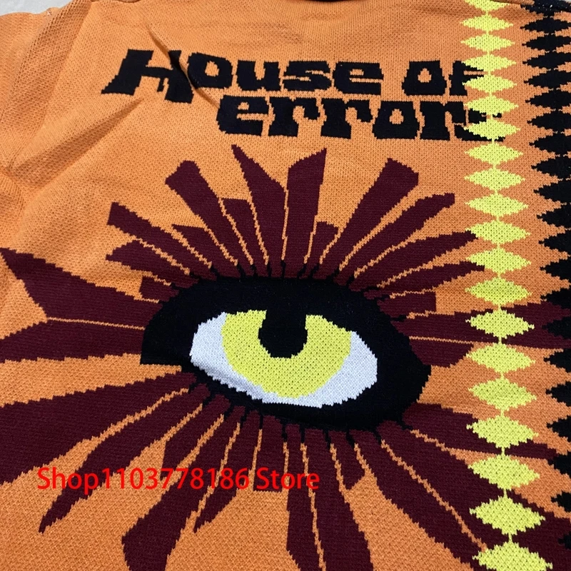 Streetwear Brand House of Errors Sweater Loose Casual Eye Jacquard Lapel Long Sleeve Men Women Knitwear Pullover