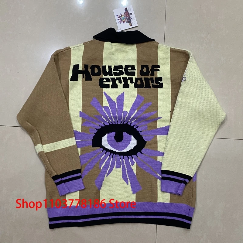 Streetwear Brand House of Errors Sweater Loose Casual Eye Jacquard Lapel Long Sleeve Men Women Knitwear Pullover
