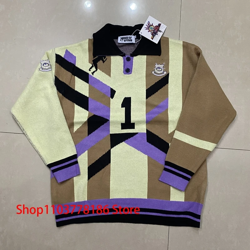 Streetwear Brand House of Errors Sweater Loose Casual Eye Jacquard Lapel Long Sleeve Men Women Knitwear Pullover