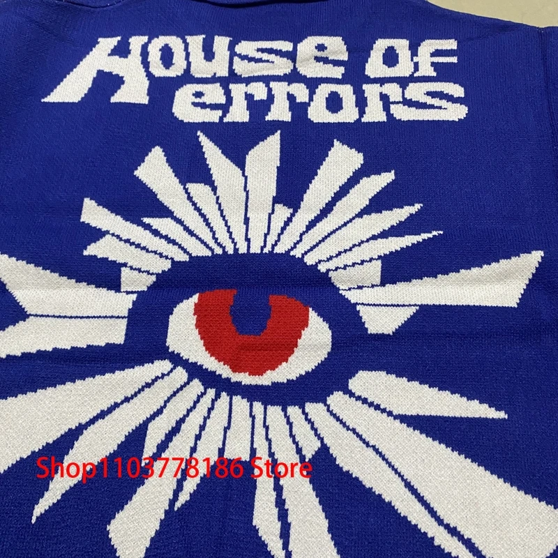 Streetwear Brand House of Errors Sweater Loose Casual Eye Jacquard Lapel Long Sleeve Men Women Knitwear Pullover