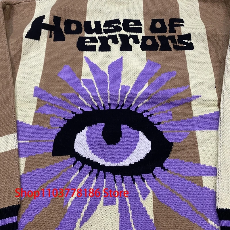 Streetwear Brand House of Errors Sweater Loose Casual Eye Jacquard Lapel Long Sleeve Men Women Knitwear Pullover