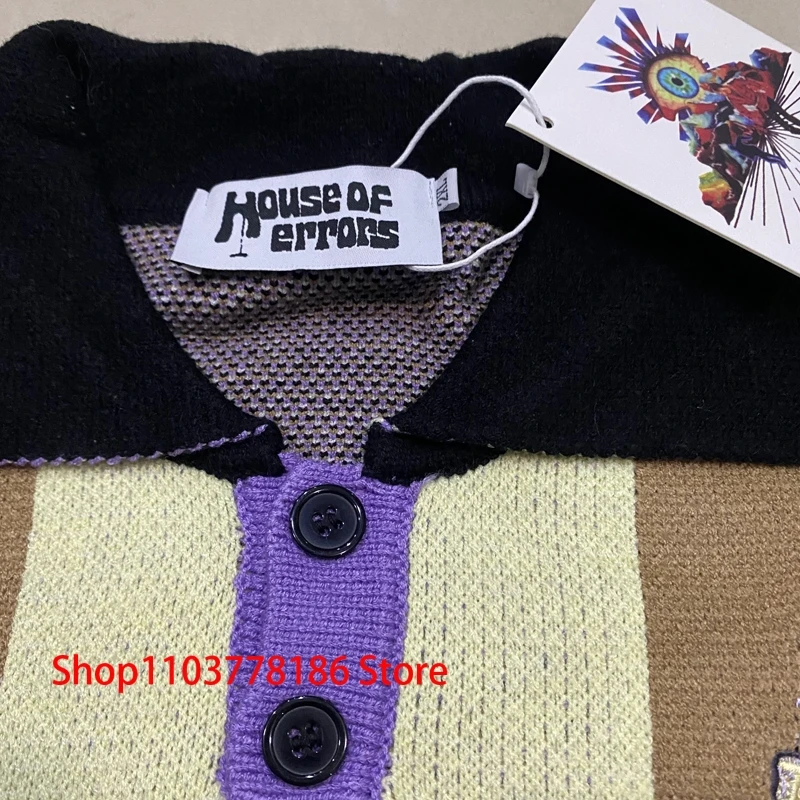 Streetwear Brand House of Errors Sweater Loose Casual Eye Jacquard Lapel Long Sleeve Men Women Knitwear Pullover