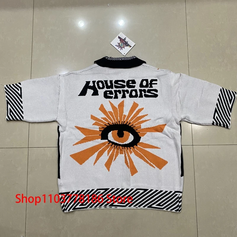Streetwear Brand House of Errors Sweater Loose Casual Eye Jacquard Lapel Long Sleeve Men Women Knitwear Pullover