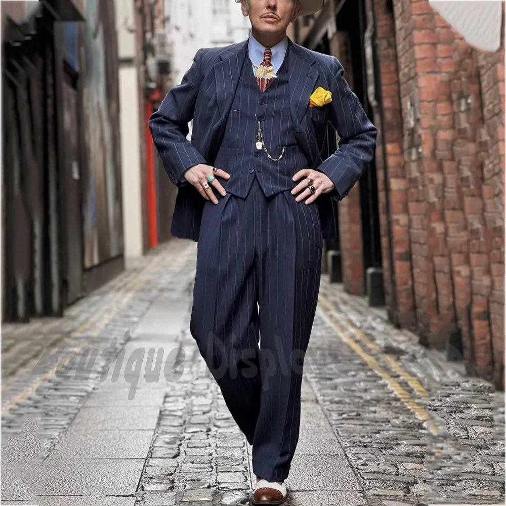 Luxury Men Suit Striped Notch Lapel Single Breasted Modern Tailored Three Pieces High End Gentleman Outfit for Work Blazer Set