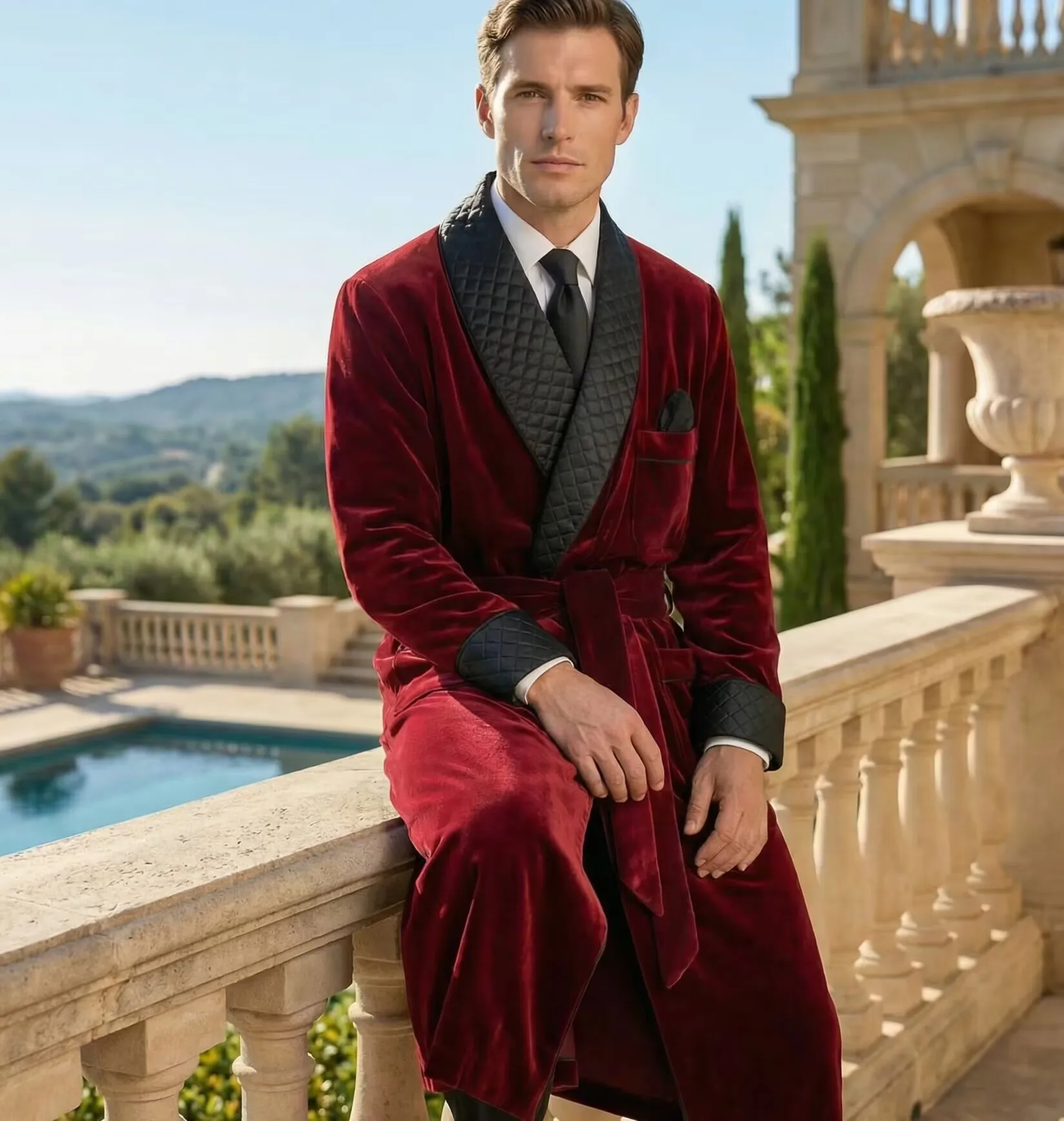 Long Velvet Smoking Jacket Shawl Lapel Wedding Groom Coat Terno Men Suit Blazer with Belt
