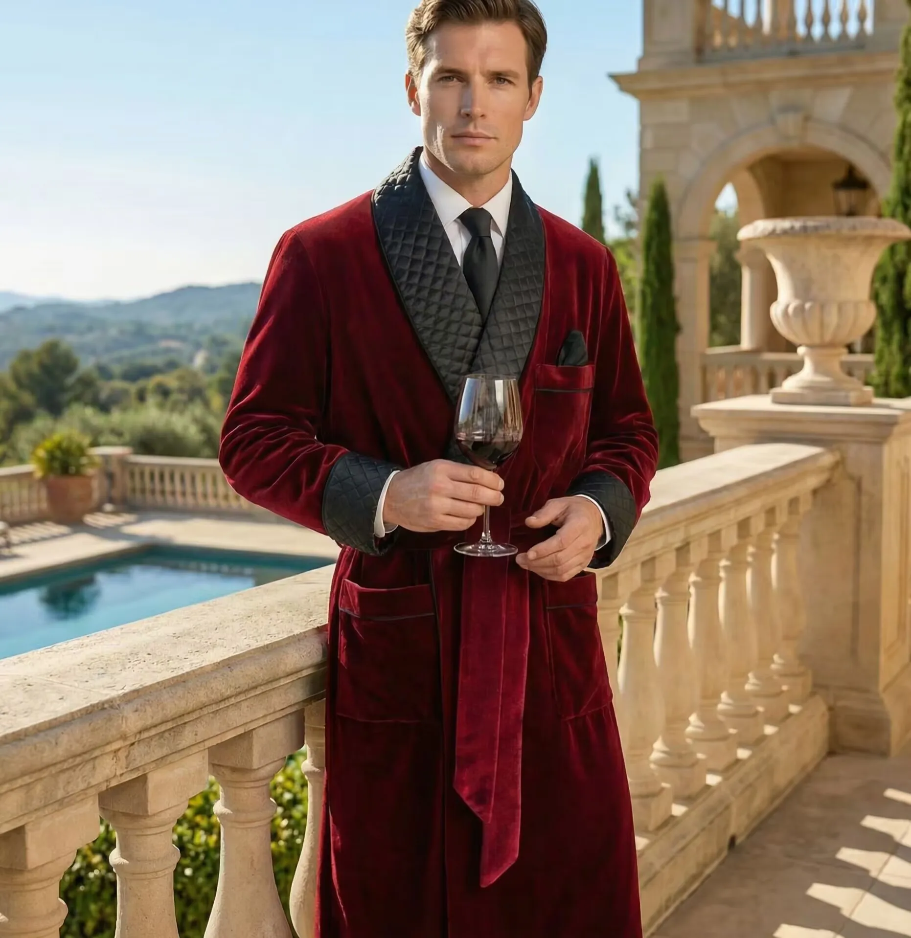 Long Velvet Smoking Jacket Shawl Lapel Wedding Groom Coat Terno Men Suit Blazer with Belt