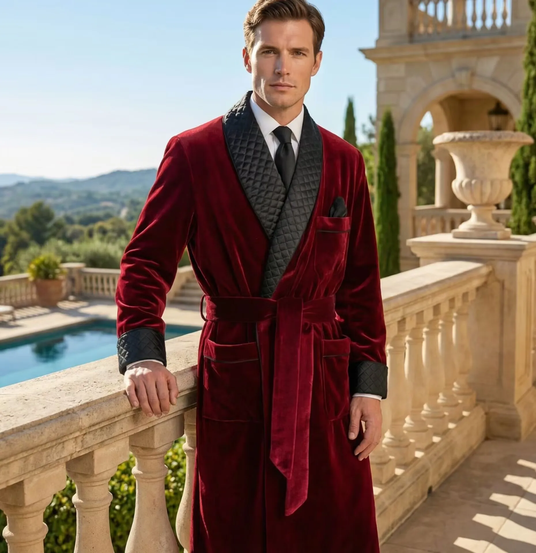 Long Velvet Smoking Jacket Shawl Lapel Wedding Groom Coat Terno Men Suit Blazer with Belt