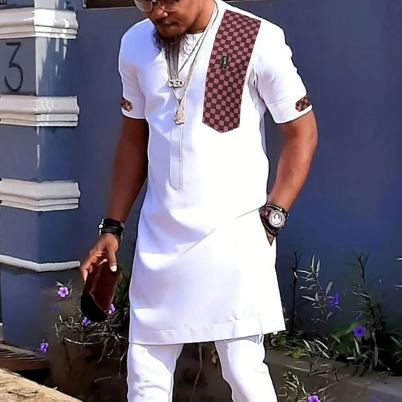 New 2Pc African Traditional O-Neck Outfit Dashiki Muslim Costume For Men Luxury Brand Clothing Full Pant Sets To Dress Kaftan