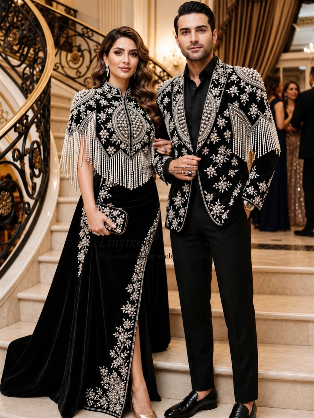 Sparkly Beaded Diamond Men Suits Customized Peak Lapel Groom Male Prom Blazers 2 Pieces Sets Wedding Party Tuxedos Costume Homme
