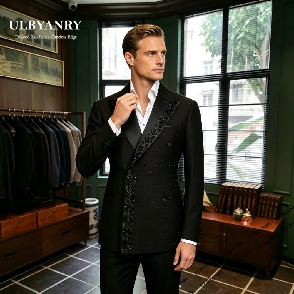 Elegant Embellished Suit Set for Men Trend Double Buttons Formal 2-Pieces Suit (Jacket Pants) XXS-7XL Customized Blazer Trousers